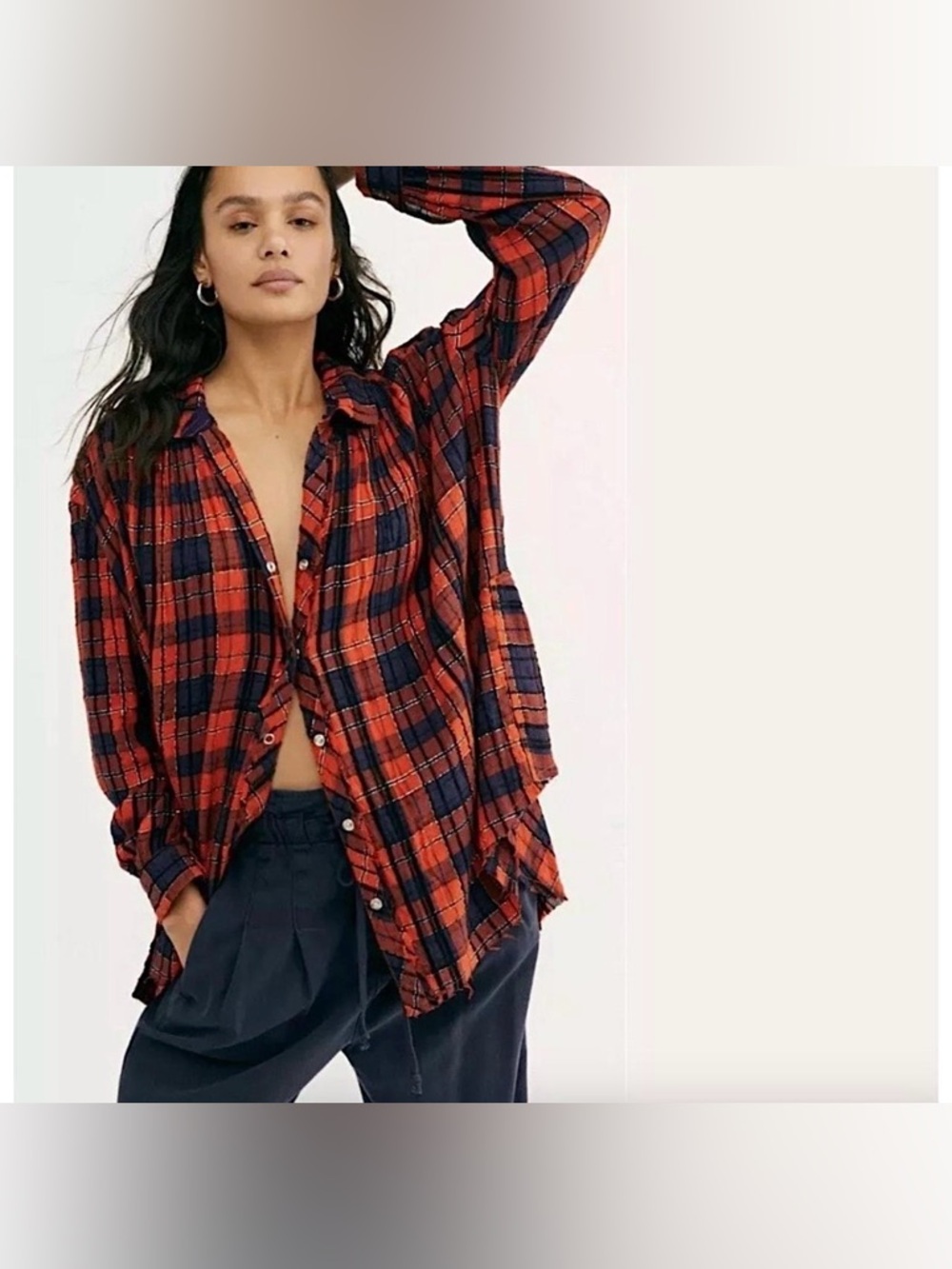 Free People Red Navy Plaid Button Down Shirt Boho Grunge Flannel Size Medium - Picture 4 of 11